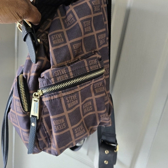 Steve Madden Backpack Black Brown Monogram Carryall Women Large Excellent - Picture 7 of 16